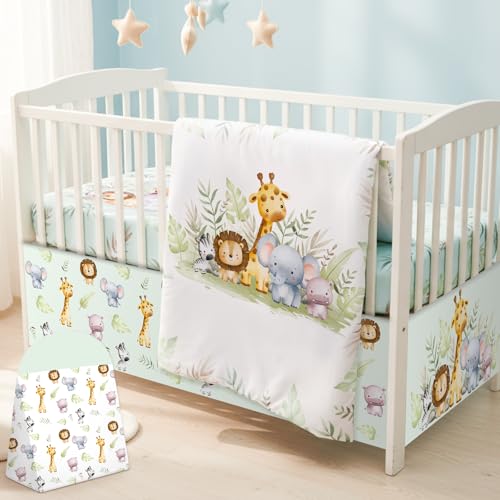 Hahafelt 4 Pieces Baby Crib Bedding Set for Girls and Boys, Soft Baby Bedding Set Including Crib Skirt, Comforter, Sheet and Diaper Stacker for...