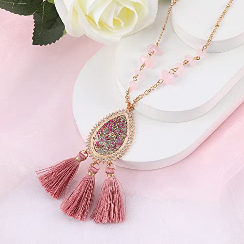 Ideajoy Pink Tassels Necklace, Pink Diamond Necklace For Women, Dainty Tassels Long Necklaces Jewelry With Pendant For Women Girls Gifts #TOP3