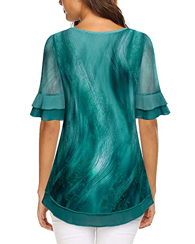 Valolia Layered Tunic Tops For Women, Tops For Beach Vacation Women Sheer Sleeve Tunics For Women Floral Tunic Shirts For Leggings Casual Flowy Shirt Top For Summer Malachite Green X-Large #TOP2