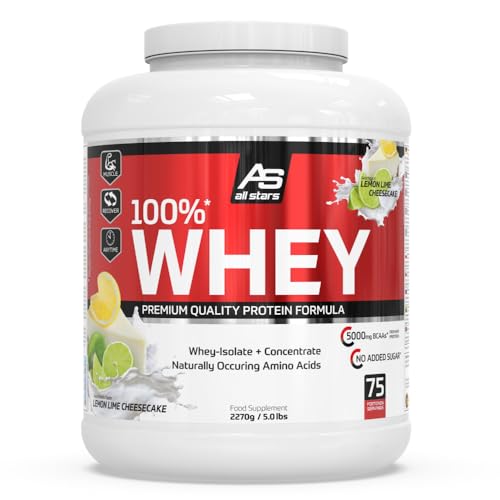 All Stars 100% WHEY PROTEIN 2270g I Eiweiß-Pulver mit Whey-Konzentrat & Isolat I leckeres Low-Fat Powder I hochwertiges Protein-Pulver I cremiger Protein-Shake mit Lemon Lime Cheesecake-Flavour