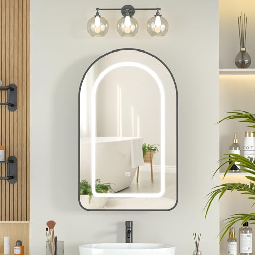 Mepplzian 16x26 Recessed Medicine Cabinet with Lights,Brushed Black Arched Medicine Cabinet with Mirror for Bathroom,3-Color Lighted Mirrored Cabinet Wall Mounted,Bathroom Vanity Mirror with Storage