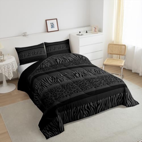 Image of Feelyou Boys Girls Black Gray Zebra Stripes Comforter Set Queen Size, Leopard Print Duvet Insert Animal Fur Bedding Set Kids Teens Bedroom Decor Bed Set 3Pcs