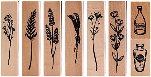 Wooden Printing Stamp Set, Lychii 8 PCS Vintage Wooden Rubber Stamp, Natural Plant Boxed Seal Set (8 Pack)