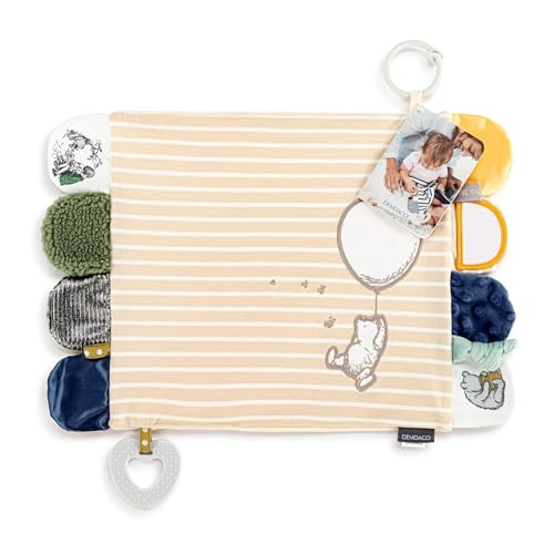 Image of DEMDACO Mommy & Me Neutral Color, 17 x 11.5 Inch Textured Fabric, Teething Ring, Stroller Clip-on, Activity Blanket, Blankie, Tan and White, Pooh Classic Yellow Bear