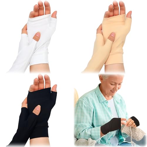 Chicingyou 3 Pairs Elderly Skin Thin Protector Gloves Tone Fingerless Gloves Bruise Abrasions Protective Covering Men Women(M,Beige White Black)