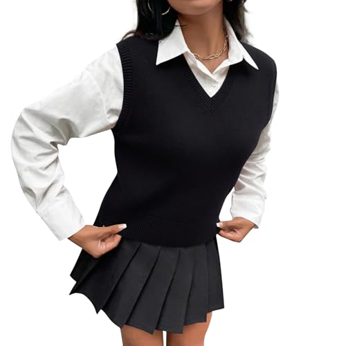 Barry.Wang Womens Black Sweater Vest V Neck Sleeveless Knitted Preppy Style Pullover Sweaters Tank Tops