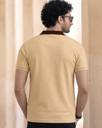 Image of AUSK Men's Retro Cable-Knit Quarter-Zip Polo | Premium Textured Self-Design Half Sleeve T-Shirt for Men