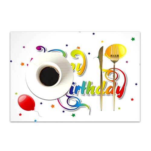 DASNK 4er Set Platzsets 30x45cmRutschfest Abwaschbar Tischmatten PVC Abgrifffeste Hitzebeständig Tischsets,Platz-Matten für küche,Geburtstagsdekorationen, „Happy Birthday“-Worte mit floralen Wirbelde
