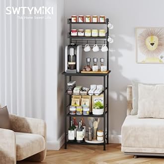 SWTYMIKI 6-Tier Coffee Bar Station - Bakers Rack with Drawer & 6 S-Shaped Hooks, Corner Coffee Stand Station, Bar Cabinet for Kitchen Entryway Living Room,11.81" Dx18.9 Wx56.7 H, Black