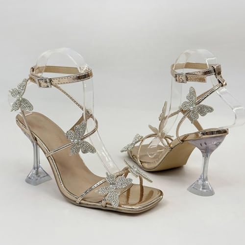 Women's Ankle Strap Sandals Rhinestone Crystal Butterfly Heels Open Square Toe Chunky Block High Heels Shoes3