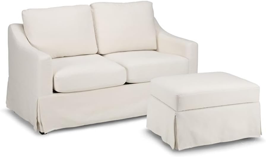 Pemberly Row 57W Loveseat & Storage Ottoman Set, Ivory Basketweave Fabric, Engineered Wood Frame, Plush Cushions, Hidden Ottoman Storage, Machine-Washable Slipcovers, Transitional Living Room