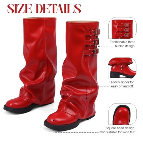Image of EQAUDES Knee High Boots Women Fall Slouchy Fold Over Tall Boots - Motorcycle, Hidden Zipper, Fashion Buckle, Platform, Square Toe
