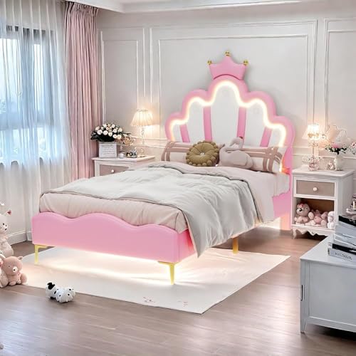 FEEOHOME Kinderbett 90 x 200 cm, Prinzessin Bett, Bett für mädchen mit Blumen-Kopfteil und Lattenrost, mädchen Bett mit Verstellbarer LED, Kinder Betts für Teenager-Mädchen, PU