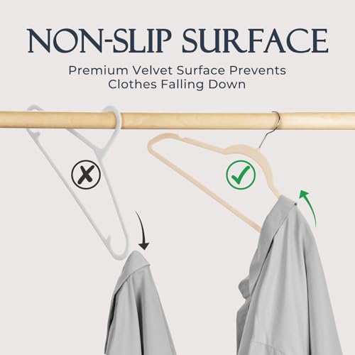 Image of HOUSE DAY Beige Velvet Hangers 20 Pack, Non Slip Clothes Felt Hanger Heavy Duty for Coat, Premium Slim Space Saving Suit Hangers for Closet Organizer, 360 Rotating Silver Hook
