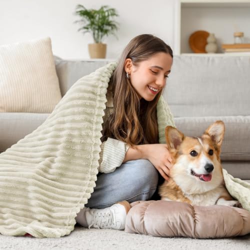 Image of BEDELITE Ribbed Jacquard Beige Fleece Throw Blanket for Couch, 50x70 Inch