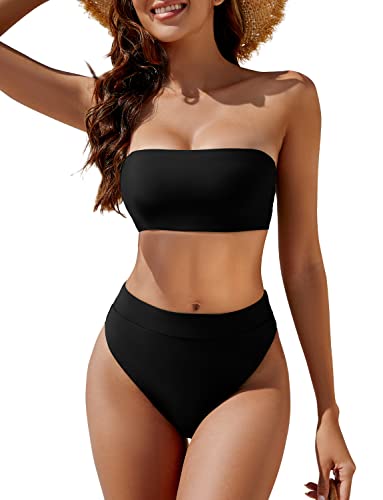 YACUN Womens High Waisted Bikini Swimsuit Two Piece Strapless Bandeau Cheeky Bathing Suits Black S