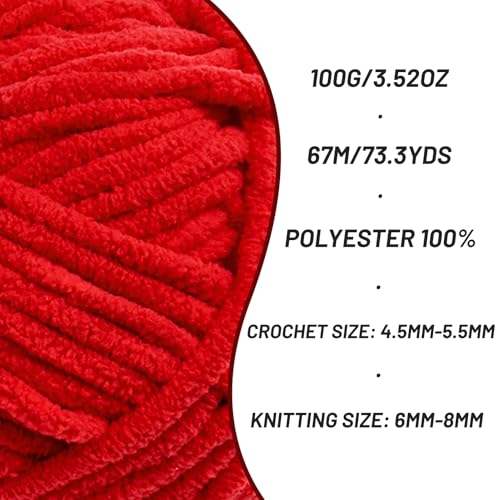 Image of 3 Pack Chunky Chenille Yarn for Crocheting, Baby Yarn for Crocheting Soft Blankets, Bulky Yarns for Crochet Amigurumi, 300g (223yds) Fluffy Velvet Yarns for Hand Knitting (3 Red)