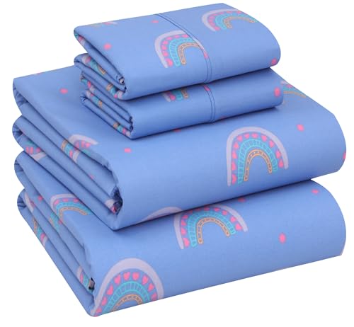 Ruvanti 100% Cotton Queen Size Bed Sheets - Crispy Cooling Percale 4-Piece Set - Breathable & Durable - 16 Inches Deep Pocket - Baby Rainbow