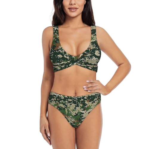 Maillot de bain deux pièces vert army à motif camouflage numérique pour femme