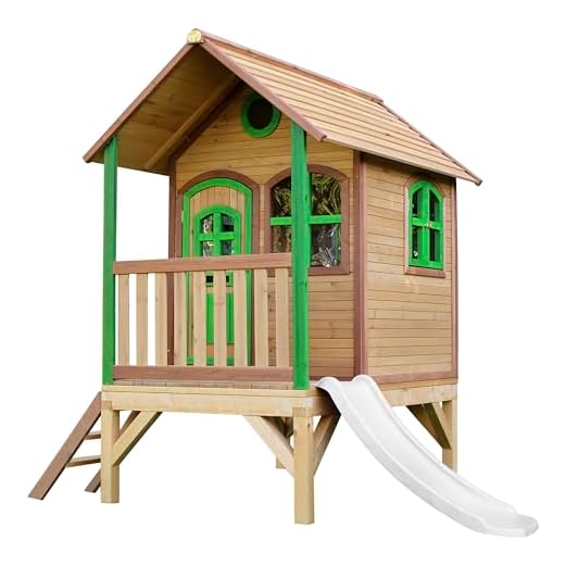 AXI Spielhaus Tom mit weißer Rutsche | Stelzenhaus in Braun & Grün aus FSC Holz für Kinder | Spielturm für den Garten