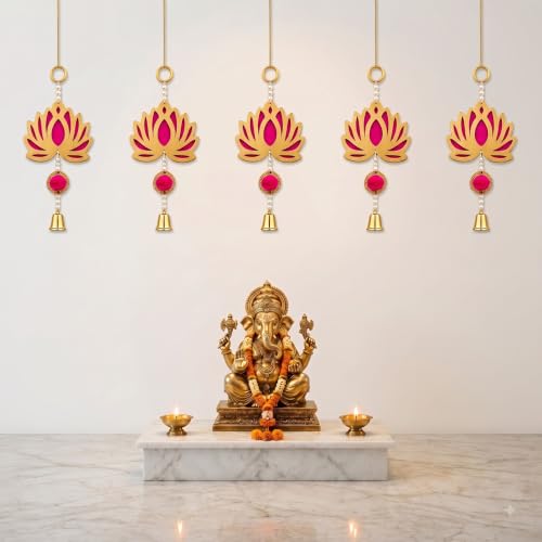 Image of JH Gallery Golden Bell Lotus for Ganpati Decoration Setup for Home - Handmade Ganesh Chaturthi Backdrop, Pooja Room, Mandir & Main Door Toran (24 Inch, Pack of 5)