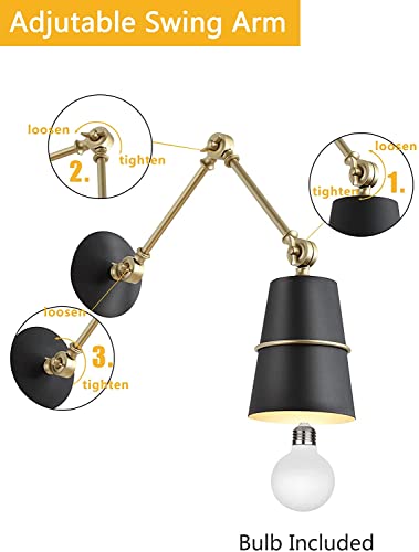 Harwisup Swing Arm Wall Sconces Set Of 2, Industrial Swing Arm Wall Lamp With 3 Color Temperature Bulbs, Black And Brass Sconce Vintage Wall Mounted Reading Light For Bedroom Living Room #TOP3