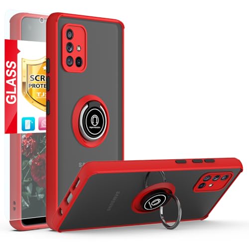 TJS Compatible with Samsung Galaxy A71 5G Case, with Tempered Glass Screen Protector, Metal Ring Magnetic Support Kickstand Heavy Duty Drop Protector Phone Case (Red)