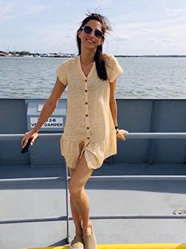 Imysty Womens Polka Dot V Neck Button Down Ruffles Loose Mini Short T-Shirt Dress (X-Large, Yellow) #TOP4