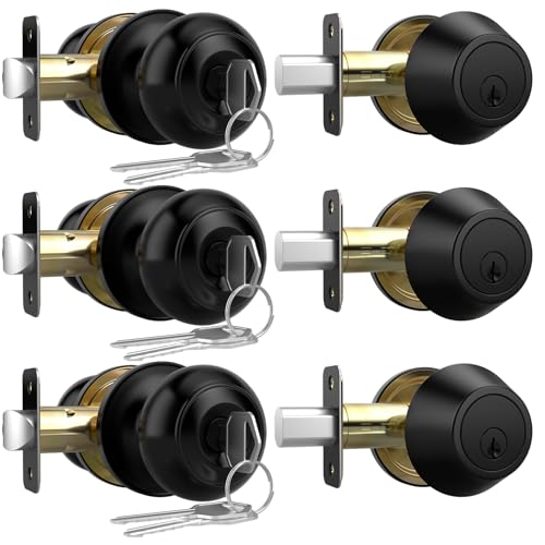 AEEKEL Exterior Door Knob with Lock and Key 3 Pack Keyed Alike Entry Door Knob for Front Door Lock Set Matte Black Exterior Door Knob and Single Cylinder Deadbolt Set
