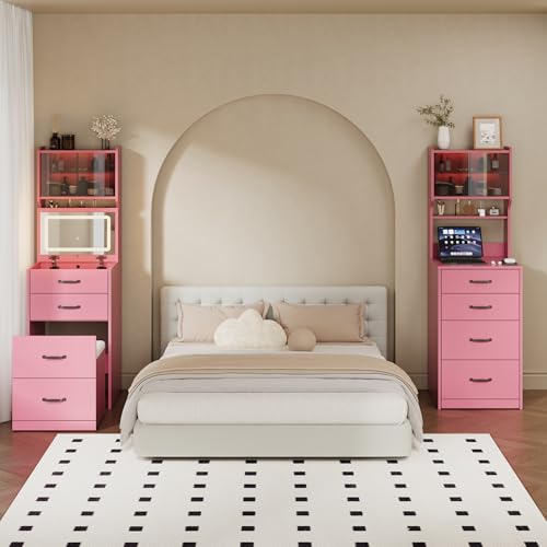 ARISTCY Vanity Desk with Mirror and Lights, 3 in 1 Compact Makeup Vanity with Mirror and Lights, Corner Vanity Desk with Drawers, Storage, Stool, Multifunctional Bedroom Makeup Table for Women, Kids — view 3