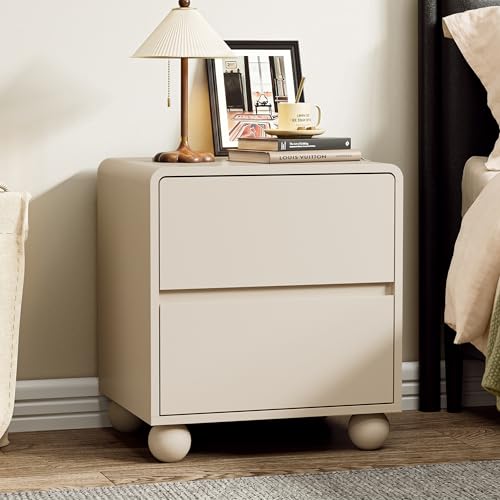 Image of Furniway Beige Nightstand Set of 2, Modern 2 Drawer Bedside Table with Curved Profile Design and Handle-Free Drawers, Modern End Table with Storage for Bedroom