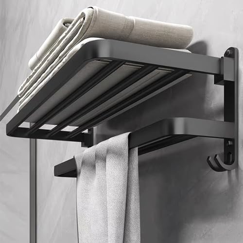 Drillless Stainless Steel Towel Rack - Adhesive Bathroom Accessories Kit With Towel Stand and Bar - Black