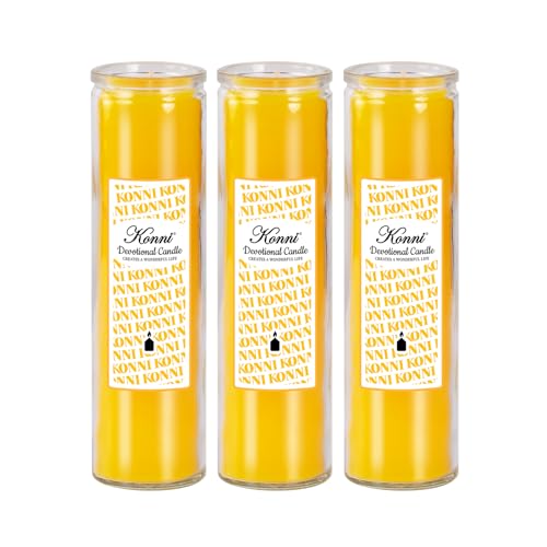KONNI 2x8 Inch Yellow Pillar Candles in Glass Set of 3, Devotional Prayer Candle, Unscented Religious Candles, 105 Hours Emergency Long Burning, Ideal for Memorials, Vigil, Blessing