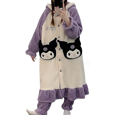 WANHONGYUE Kuromi Fuzzy Pajama Set for Women Soft Plush Robe and Fleece Pants 2 Piece Sleepwear Loungewear Warm House Coat Purple M Cover