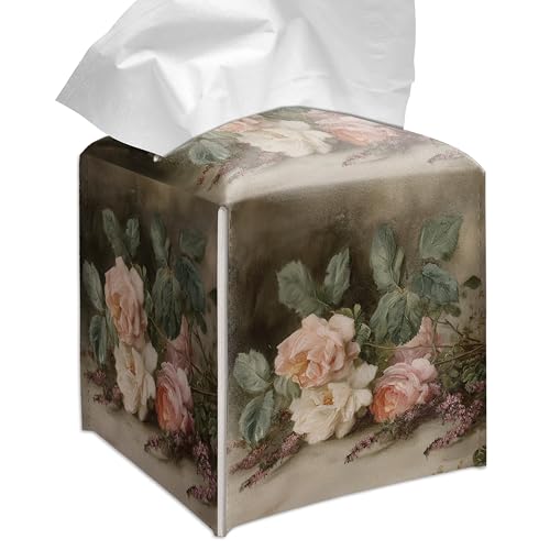 Grace Yonks Retro Tissue Box Cover Square - Vintage Garden Roses Design 5.2" PU Leather Holder for Vanity, Desk, or Bathroom Counter - Cube Case for Facial Tissues. (115)
