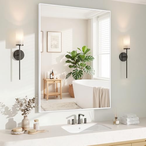 Image of Koonmi White Rectangle Wall Mirror, 30x40 Inch Bathroom Mirror, Aluminum Frame Vanity Mirror for Entryway, Living Room, Bedroom Bathroom, Hangs Horizontally or Vertically