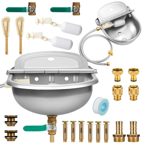 2 Set 1gal/4l Horses Automatic Waterer Animal Drinking Bowl with Float Valve Livestock Water Trough with Pipe Bolt Stainless Steel Auto Waterer Outdoor Farm Water Dispenser for Dogs Horse Goat Chicken