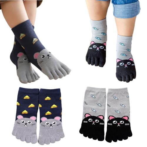 2 Pairs Cotton Five Finger Toe Socks Athletic Casual Cartoon Animal Dog Cat Dress Split Socks for Kids Boys Girls 3-12 Years