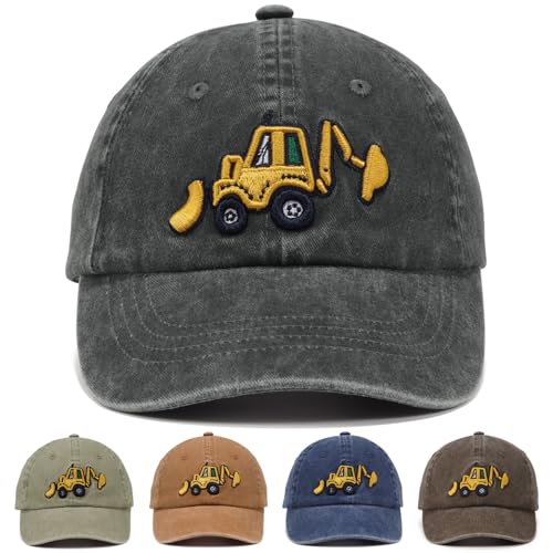 Embroidery Excavator Kids Baseball Cap for Age 6-9,Adjustable Vintage Washed Cotton Toddler Baseball Hat for Boys & Girls,Black