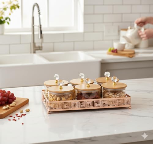 Image of Diwali Serving Dry Fruit, 6 pcs Glass Container Serving Tray Set | 600 ML Each Premium Design Air-Tight Lid Snack Organizer Tray Copper Stand Wooden Lid New Year Gifts