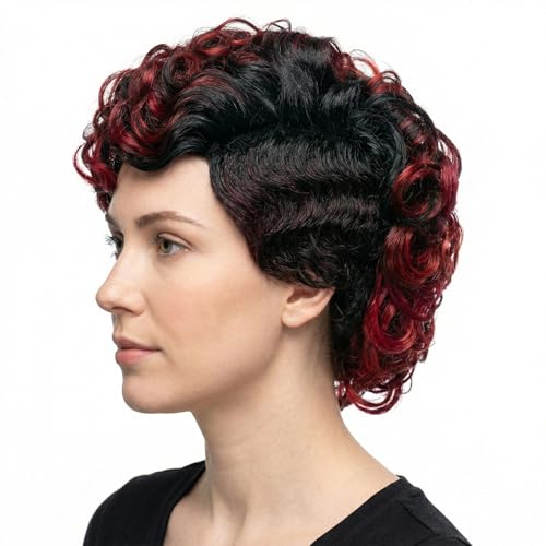 Perruque Mohawk courte bouclée reflets rouges contre la monotonie