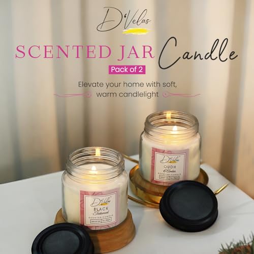 Image of D'Velas Scented Jar Candles Pack of 2 with Black Screw Lid I 2 Scented Candle for Gifting & Home Decor & Other OccasionsI Up to 15 Hours Burn Time