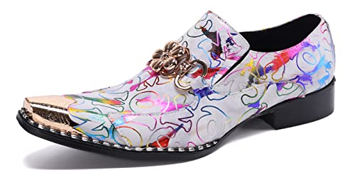 Santimon Mens Genuine Leather Dress Loafers Formal Business Snaffle Floral Bit Comfortable Metallic Cap Slip On Party Shoes2