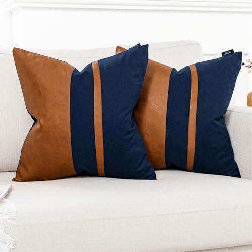 Vfuty Set of 2 Navy and Brown Decorative Throw Pillow Covers 18x18 Inch Faux Leather and Cotton Patchwork Pillow Cover,Modern Farmhouse Accent Pillow...
