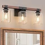 Amico 3-Light Bathroom Vanity Light Fixtures, Rustic Industrial Painted Wood Farmhouse Light fixtures, Vintage Black Wall Sconces Bathroom Vanity Lighting with Clear Glass Shade