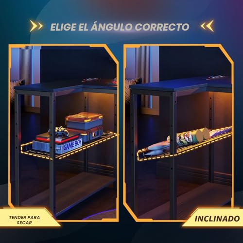 Miniatura 7 de Bestier Escritorio En Forma De L Con Tomas De Corriente Y Luces Led, Escritorio Esquinero Con Estantes, Reversible Para Ordenador Para El Hogar, Oficina, Dormitorio, Espacio Pequeño, 106,5 Cm