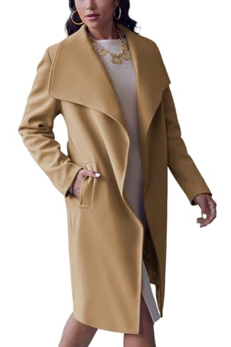 Cicy Bell Women's Pea Trench Coat Lapel Collar Long Jacket Open Front Belted Overcoat with Pockets2