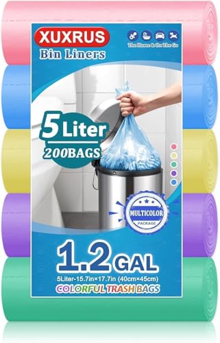 5l Bin Liners 200 Bags Small Pedal Bin Bags XUXRUS Thicken Leakproof Plastic Bags for Bathroom Office,Kitchen Desk Fit UK 5-8 Liter,0.8,1.1 Gal Colorful