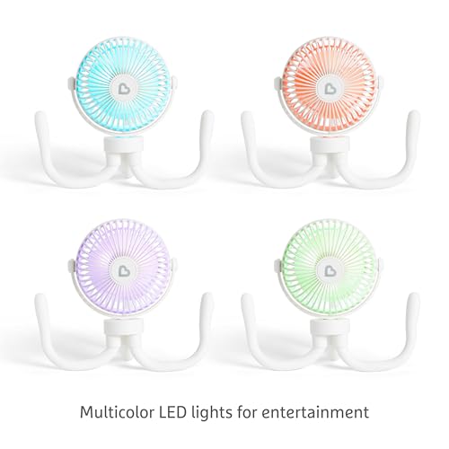 Image of Munchkin Stroller Fan - Portable Fan for Travel, Baby Gear Accessory with 4 Speeds, Flexible Clip-on Leg Attachment, Rechargeable Battery, White with Multicolored LED Lights