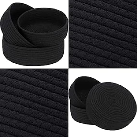 Image of Handmade Jute Cotton Storage Baskets Set of 3 for Dining Table, Fruit Basket & Roti Bowl, Cane Style Organizer for Kitchen, Home Decor, Washable Multipurpose (Black)